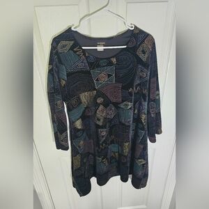 Maxima Womens Geo Abstract Print Black Velvet Long Sleeve Dress Large